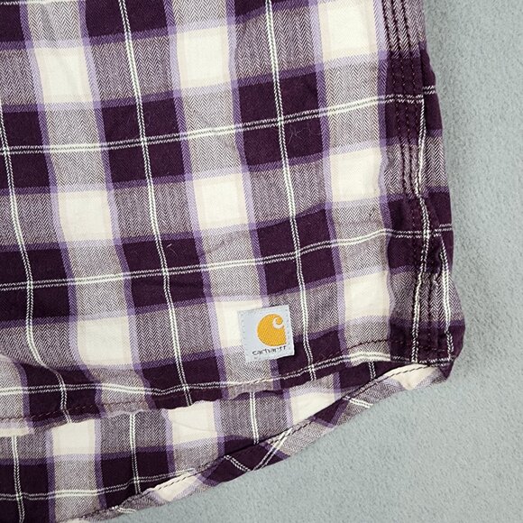 Carharrt Plaid Roll Tab Sleeve Button Up Shirt Womens Large 12-14 Purple - Picture 7 of 8